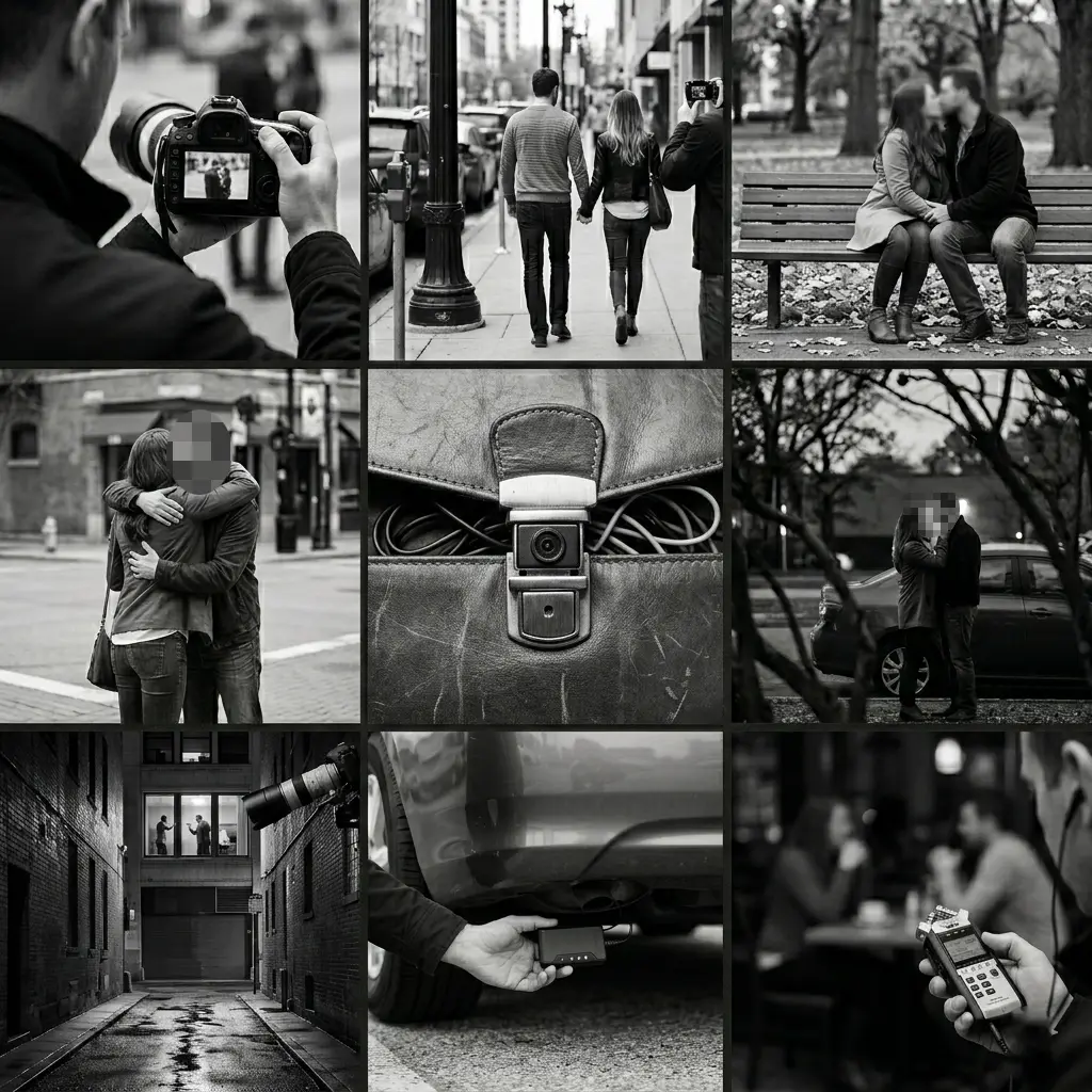 Detective privado obteniendo pruebas fotográficas de infidelidad conyugal en Argentina